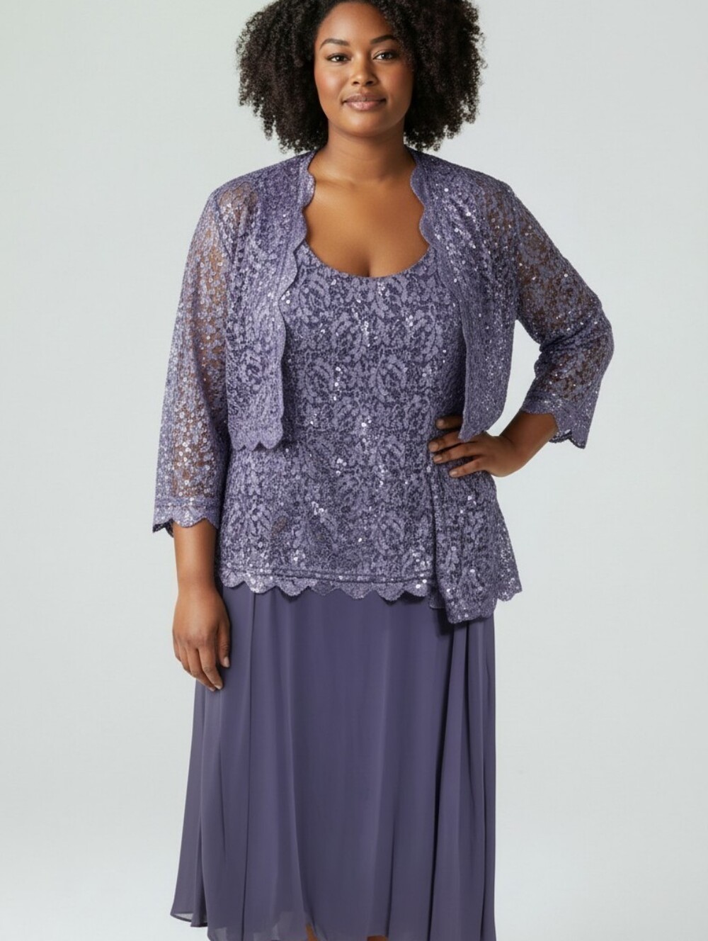 R & M Collection Women's Formal 2 Pc. Dress/Jacket Midi Purple Sequins Sz 18 EUC